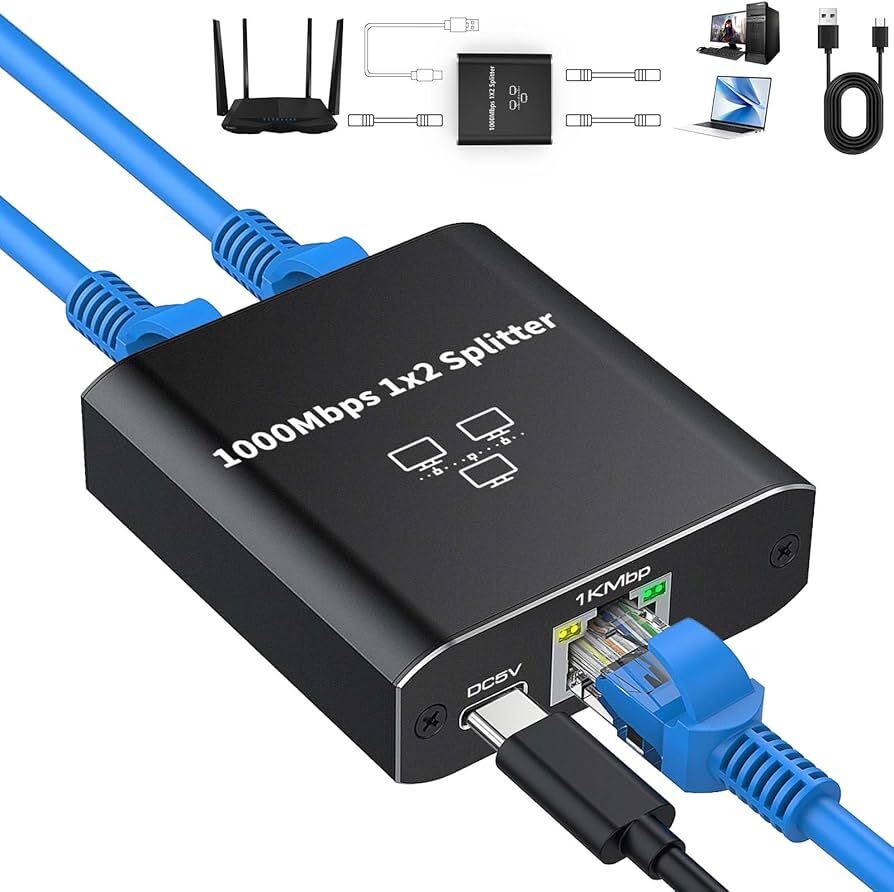 موزع شبكة جيجابت 1000Mbps (1 إلى 2) مع منفذ طاقة USB-