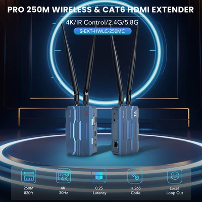 موسع HDMI لاسلكي وCAT6 حتى 250 متر 4K@30Hz مع IR وVGA – S-EXT-HWLC-250