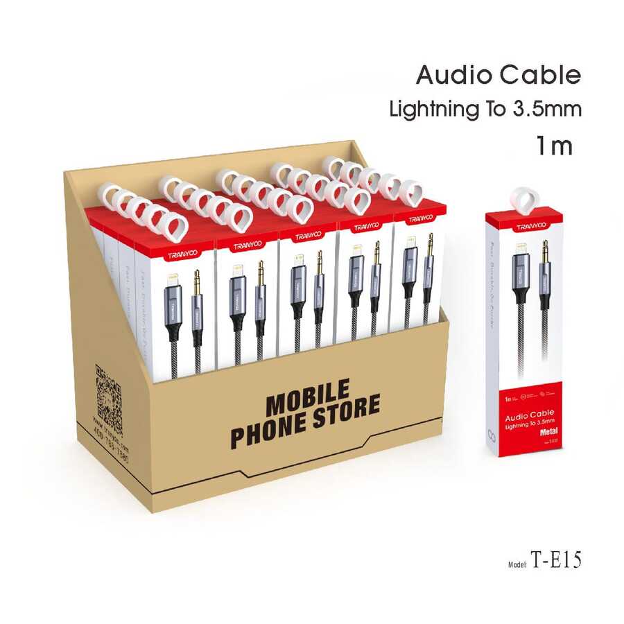 كابل صوت Tranyoo T-E15 يربط بين منفذ Lightning ومنفذ 3.5 ملم.